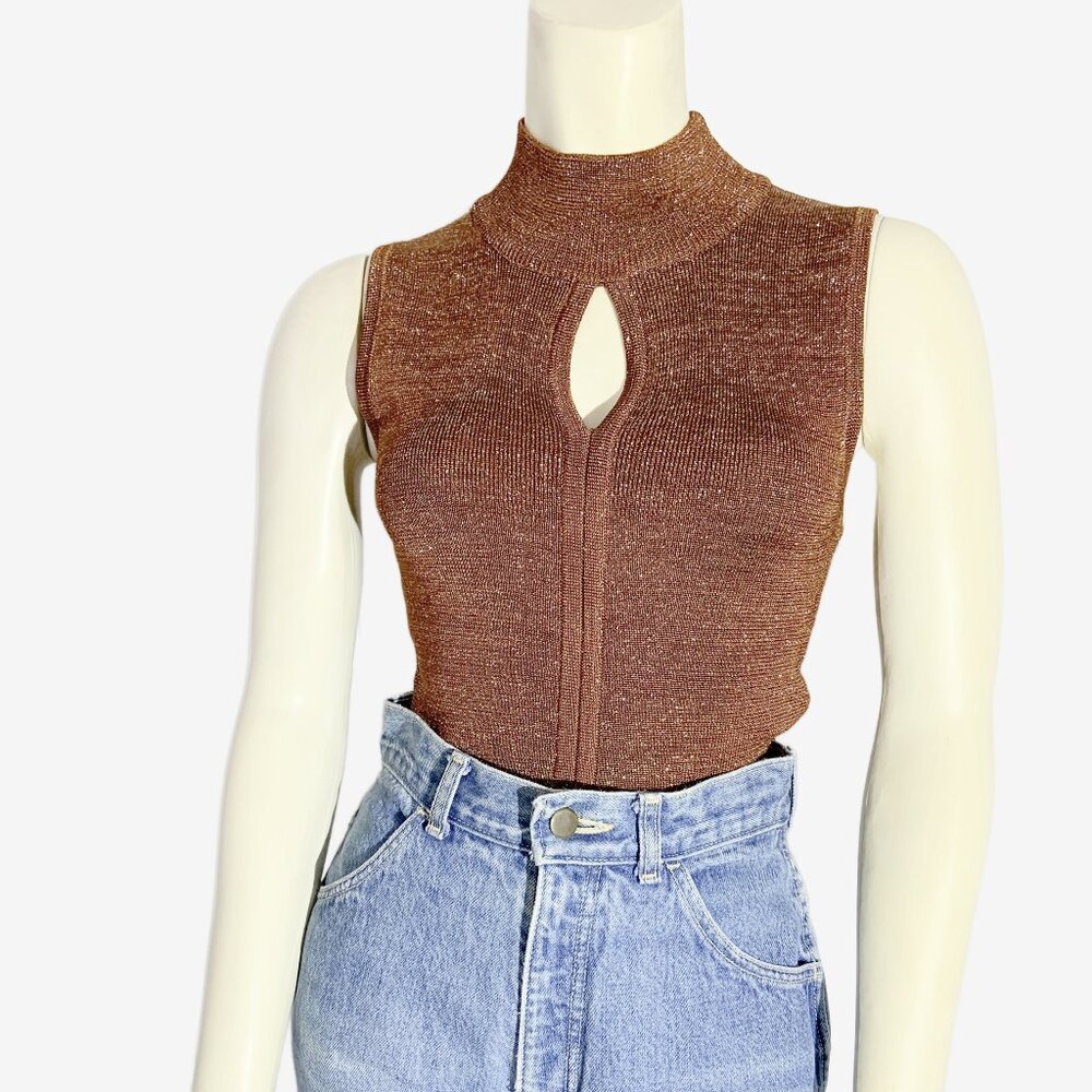 Vintage Y2K Bronze Brown Knit Sleeveless Top with Metallic Gold Thread / Small - Picture 9 of 11